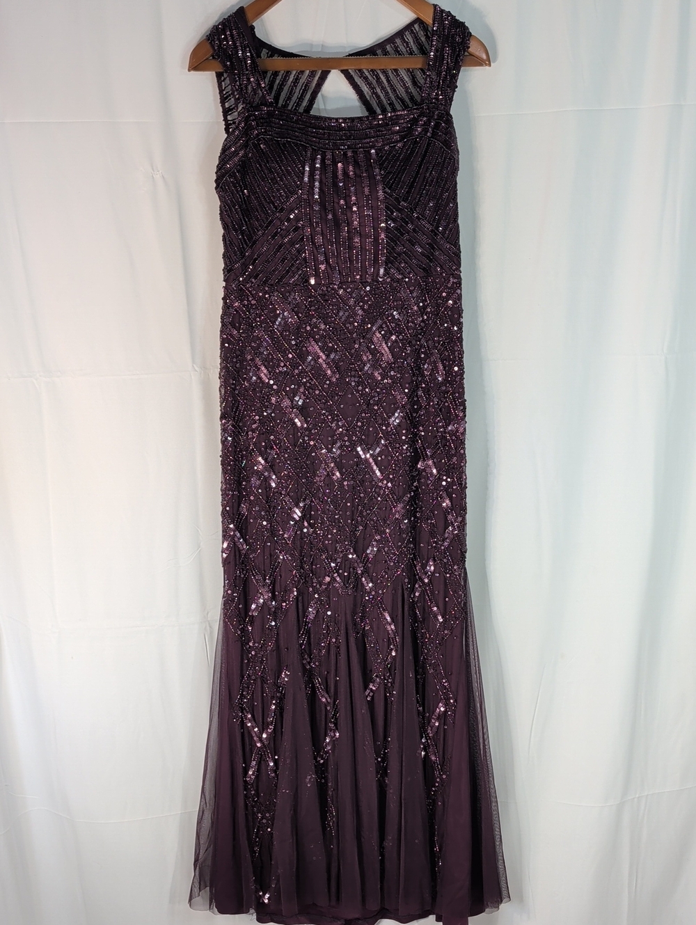 Adrianna Papell Plum Sequin Beaded Maxi Gown Size 10